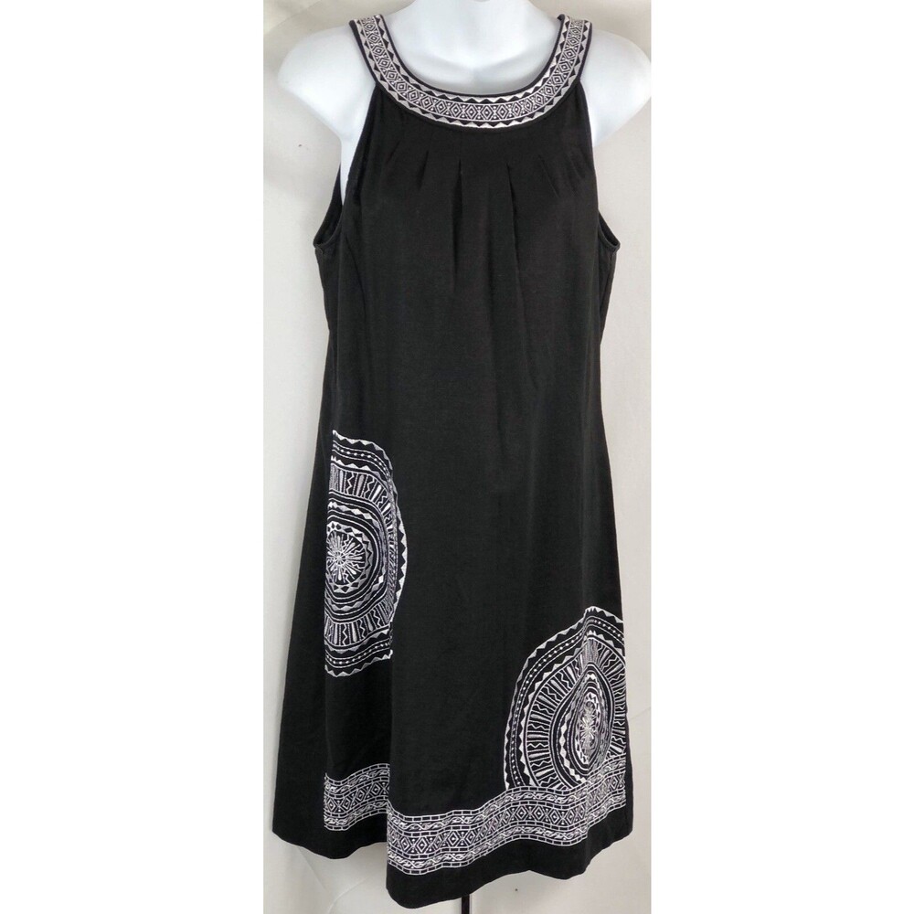 Jessica Howard Sleeveless Halter Dress S Blk Linen Embroidered Aztec Scoop Neck